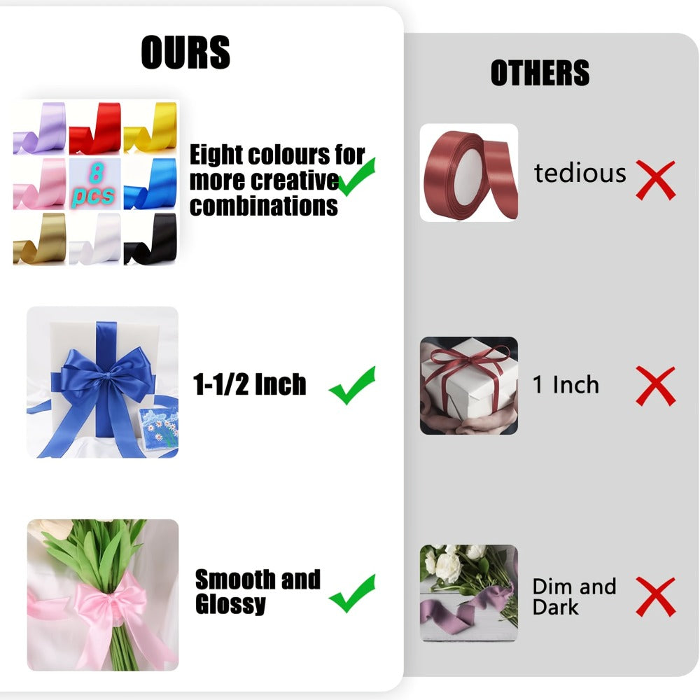 Satin Ribbon 1.5 Inch Wide ¨C 8 Rolls 200 Yards Assorted Colors, Solid Color Silk Ribbon for Gift Wrapping, Hair Bows, Wedding, Party, Christmas & DIY Crafts