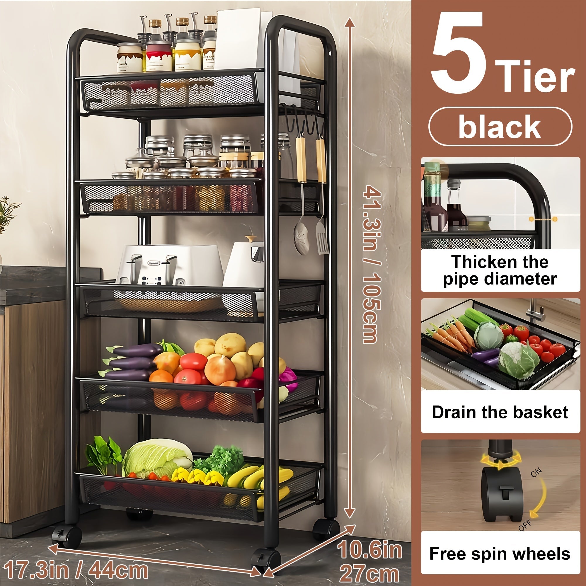 Rolling Storage Cart on Wheels ¨C 3/4/5 Tier Carbon Steel Wire Basket Trolley, Black Metal Utility Cart for Kitchen, Bathroom, Bedroom, Office & Living Room, Space-Saving Detachable Shelving Unit