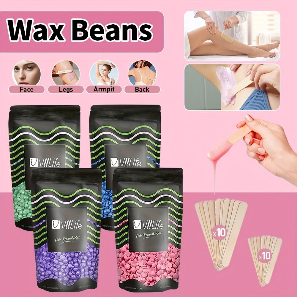 Hard Wax Beads for Hair Removal - 4 Colors Wax Beans with 20 Wood Sticks, Brazilian Bikini Wax Kit for Women & Men, Sensitive Skin, Full Body Legs Face Underarms, At-Home Waxing