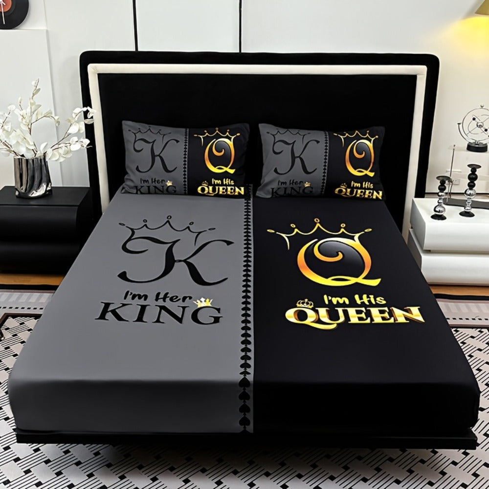 Bed Sheet Set 3 Piece Super Soft Microfiber Fitted Sheet with Pillowcases - Deep Pocket 15 Inch Crown Letter Print Color Block Bedding Twin Full Queen King All Season