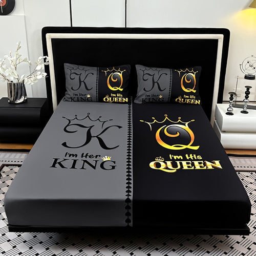 Bed Sheet Set 3 Piece Super Soft Microfiber Fitted Sheet with Pillowcases - Deep Pocket 15 Inch Crown Letter Print Color Block Bedding Twin Full Queen King All Season