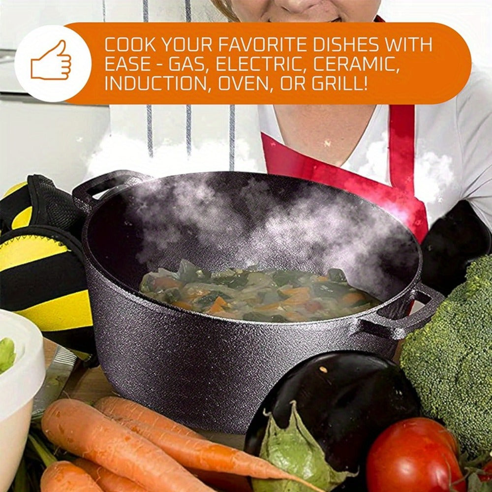 Cast Iron Dutch Oven Set ¨C 6.1QT Deep Pot + 1.9QT Frying Pot, 2-in-1 Cookware with Silicone Handles, Iron Frame & Scraper, Oven, Stovetop, Induction & BBQ Compatible, 6-Pack Bundle