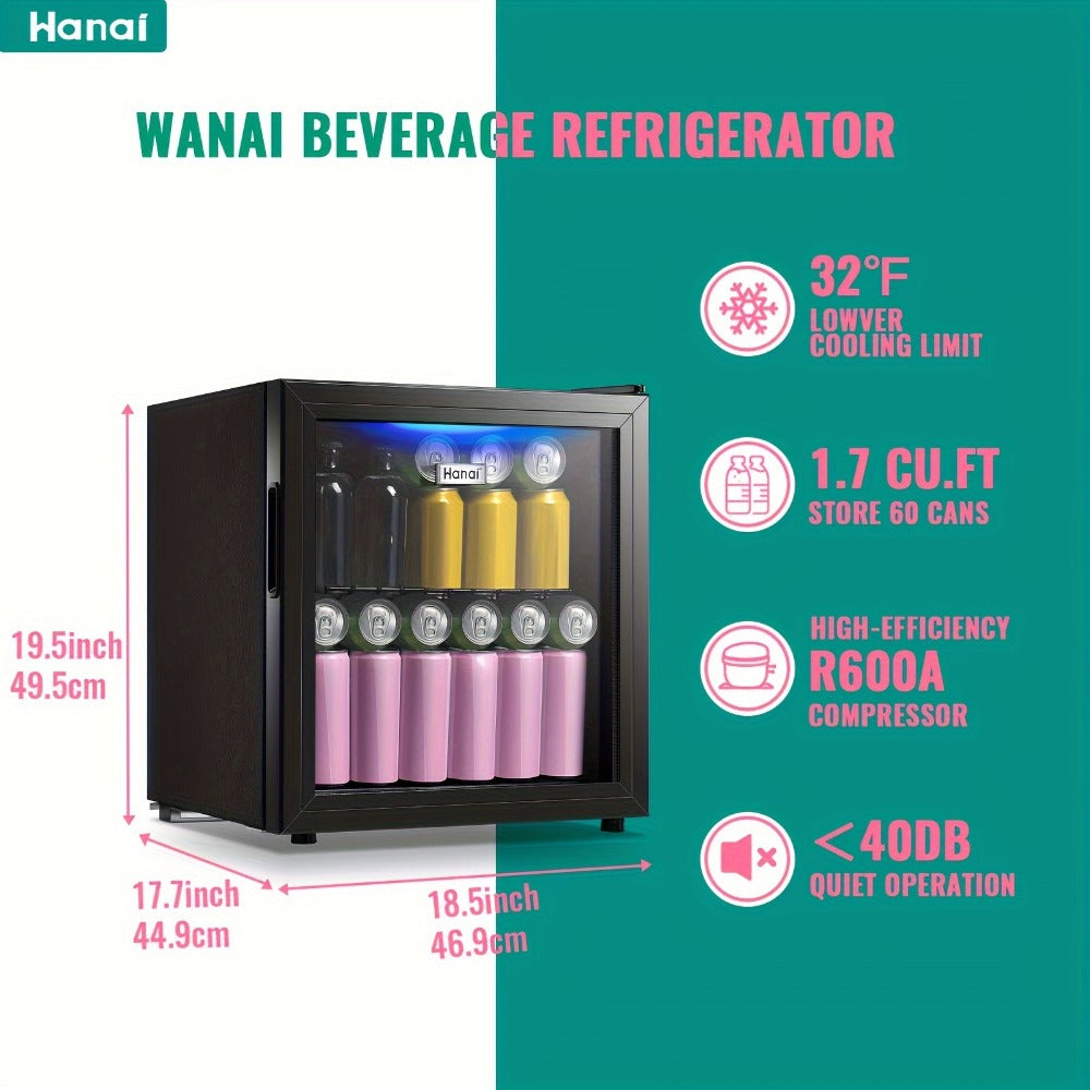Beverage Refrigerator with Glass Door, Mini Drink Cooler Fridge with Blue LED Light, 3 Adjustable Shelves & R600a Compressor ¨C 1.7 or 3.5 Cu Ft Freestanding Bar Fridge for Home, Office, Dorm and Bar