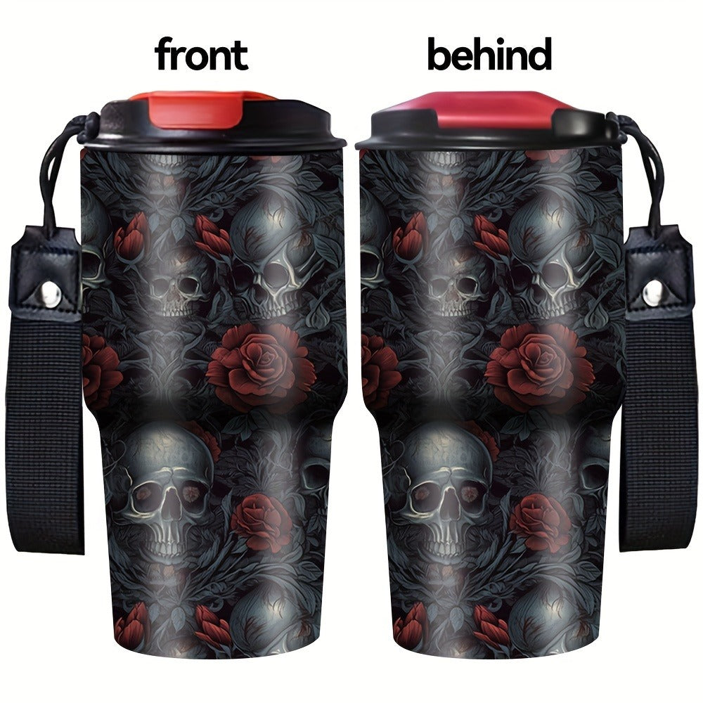 Insulated Tumbler 20oz Gothic Skull & Roses Stainless Steel Travel Mug with Carrying Strap, Coffee Cup Water Bottle for Camping Travel Halloween Gift