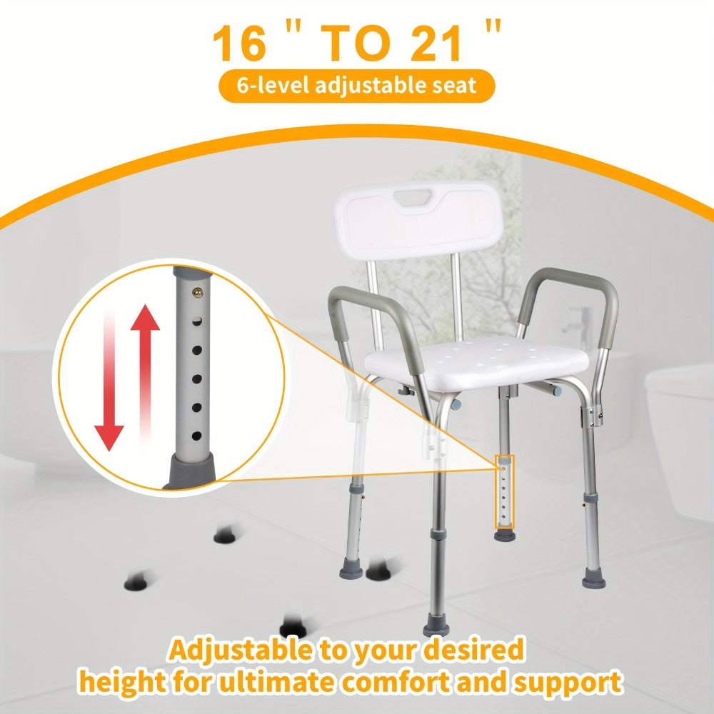 Shower Chair with Armrests & Backrest ¨C Height Adjustable Aluminum Bath Seat, 350 LBS Capacity, Non-Slip Rubber Feet, Cushioned Support for Elderly, Disabled & Post-Surgery, Fits Most Showers & Tubs