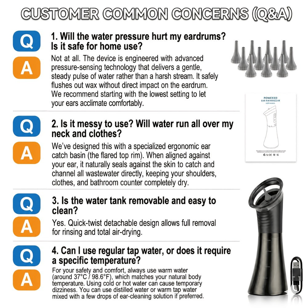Electric Ear Wax Removal Kit with One-Piece Waste Tank ¨C Water Temperature Sensor, 2000mAh Battery, LED Power Display, Professional Safe Ear Irrigation Cleaner