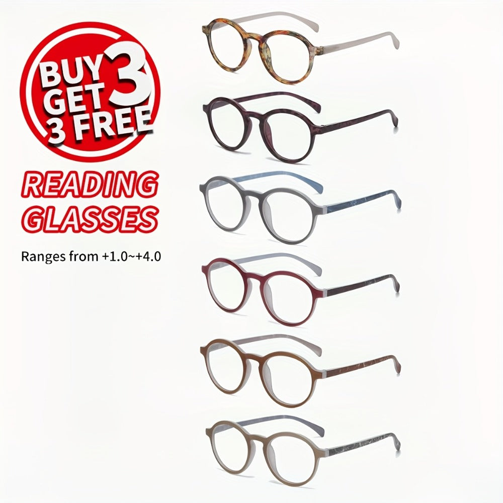 Fashion Reading Glasses 6 Pack for Women and Men Full Frame Round Circle PC Frame Multi-Color Lightweight Durable Lenses Vision Aid Readers Magnification Plus 1.0 to Plus 4.0 Mixed Color Value Set