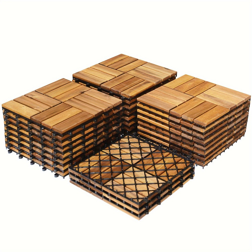 Interlocking Acacia Wood Deck Tiles 27-Pack ¨C 12x12 Inch Oil-Finished Slat Tiles, Covers 27 Sq Ft, Tool-Free Install, for Patio, Balcony, Garden, Deck & Indoor Flooring