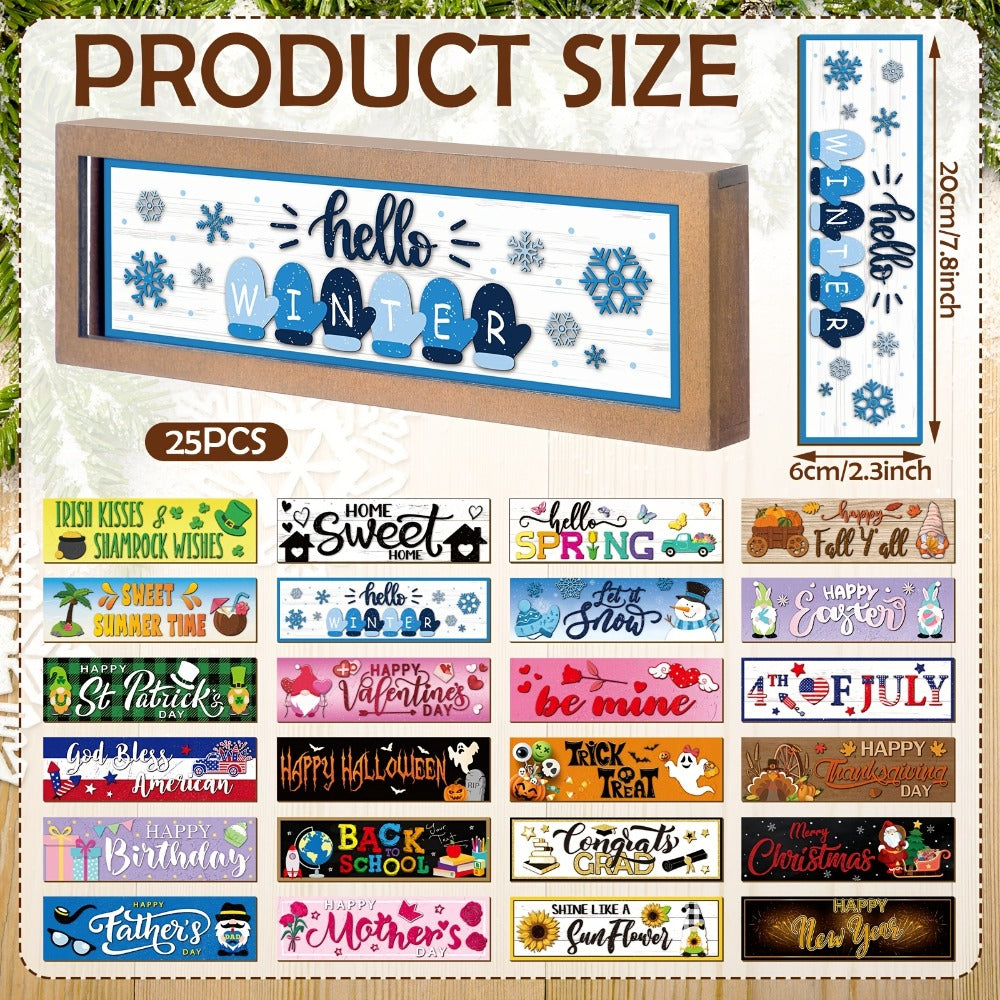 Interchangeable Seasonal Wood Welcome Sign 25-Piece Set ¨C Wooden Frame Table Decor with Swappable Holiday Signs for Fall, Thanksgiving, Halloween & Autumn Wreath Decoration