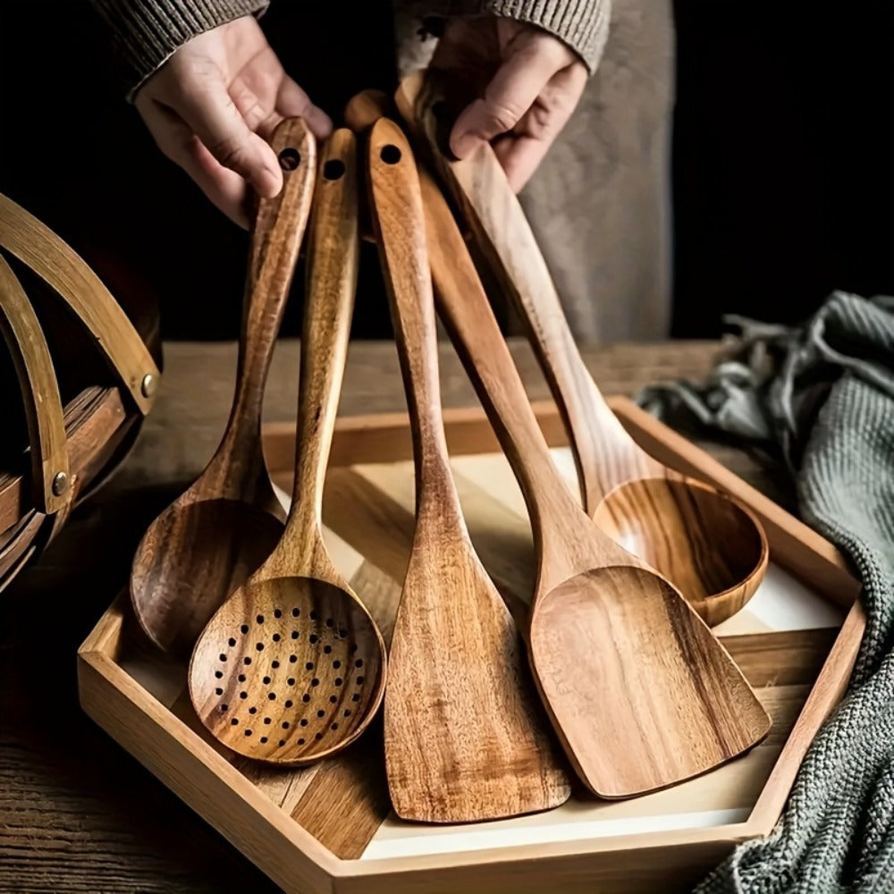 Wooden Kitchen Utensils Set 3/5/7Pcs ¨C Natural Wood Spoons, Spurtle, Ladle & Wok Spatulas for Non-Stick Pans | Heat Resistant, Ergonomic Handle, Easy to Clean