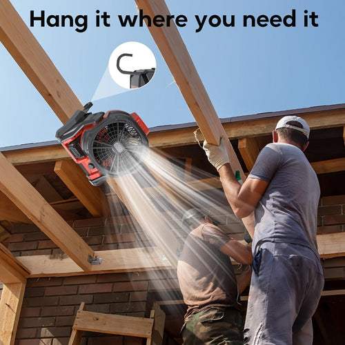 18V Battery Operated Cordless Fan Compatible with Milwaukee M18 Red Battery LED Light Variable Speed 180 Degree Tilt Hook for Hanging Camping Job Site Fan Red Battery Not Included