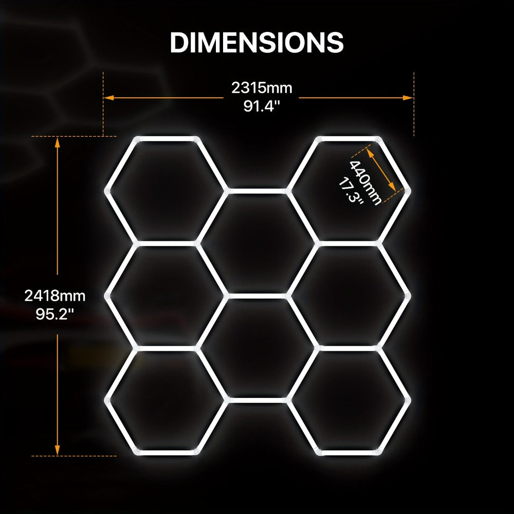 LED Hexagonal Garage Light 6500K ¨C Super Bright Daylight White Shop Light 42W¨C620W for Auto Detailing, Warehouse, Workshop, Basement & Gym (1 to 32 Grids, Hex Frame Available)