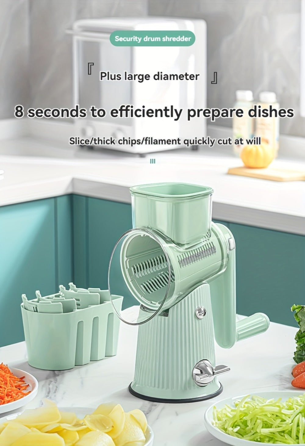 Rotary Cheese Grater with Interchangeable Blades ¨C 5-in-1 Manual Vegetable Slicer Shredder Set, Suction Cup Base, Easy to Clean, Multifunctional Kitchen Tool for Fruits, Vegetables & Nuts