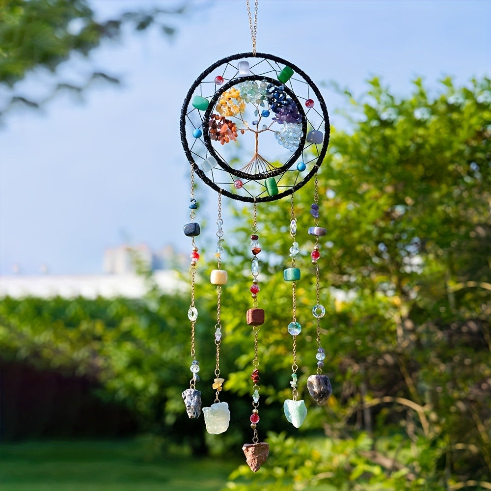 Crystal Wind Chime Suncatcher with Life Tree Pendant - Handmade Bohemian Shattered Stone Woven Hanging Decor for Outdoor Garden Window Porch, Christmas Wedding Birthday New Year Gift