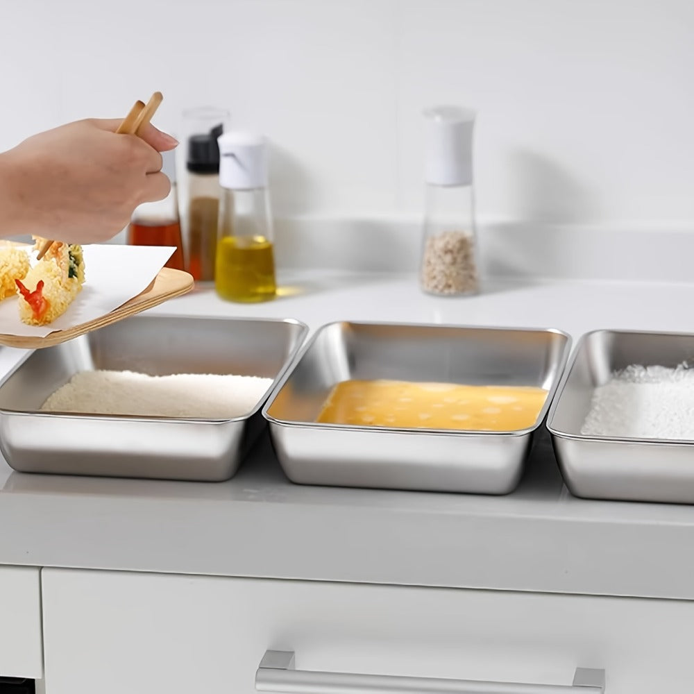 Breading Pan Set 3pcs, Stainless Steel Crumb Tray for Chicken Breading, Fish Coating and Meat Marinating, Oven Safe Food Prep Tray, Easy to Clean Breading Station for Kitchen Cooking