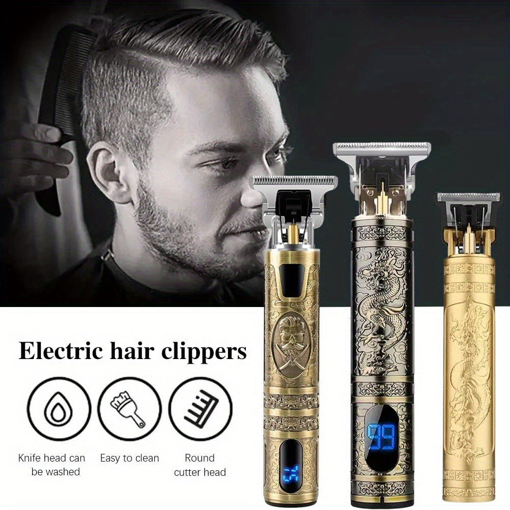 Professional Hair Clipper with LCD Display Vintage Oil Head Fade & Carving Hair Cutting Machine - Precision Trimming for Barbers & Home Use, Unique Dragon & Buddha Head Designs, Rechargeable