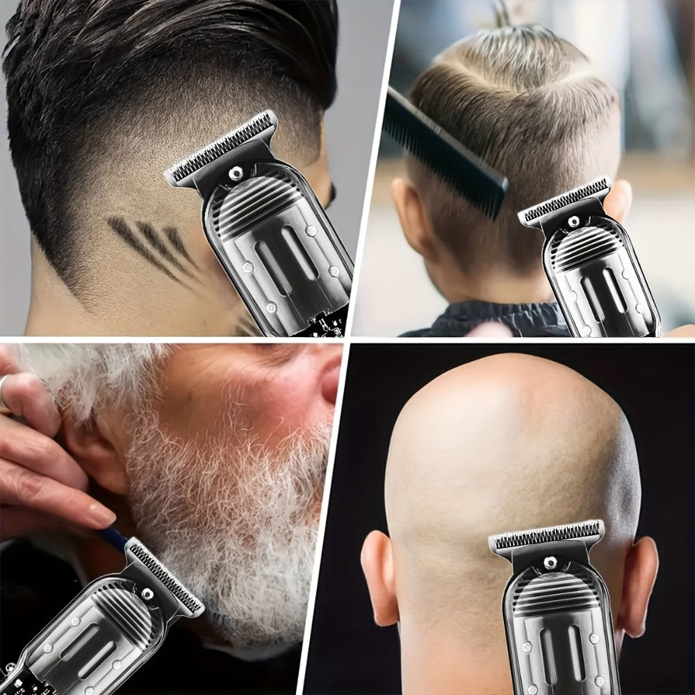 Professional Hair Cutting Kit for Men - Transparent USB Rechargeable Hair Clipper with LCD Display, T-Blade Trimmer, Electric Shaver, 4 Guide Combs & Cleaning Brush - Home Barber Grooming Gift Set