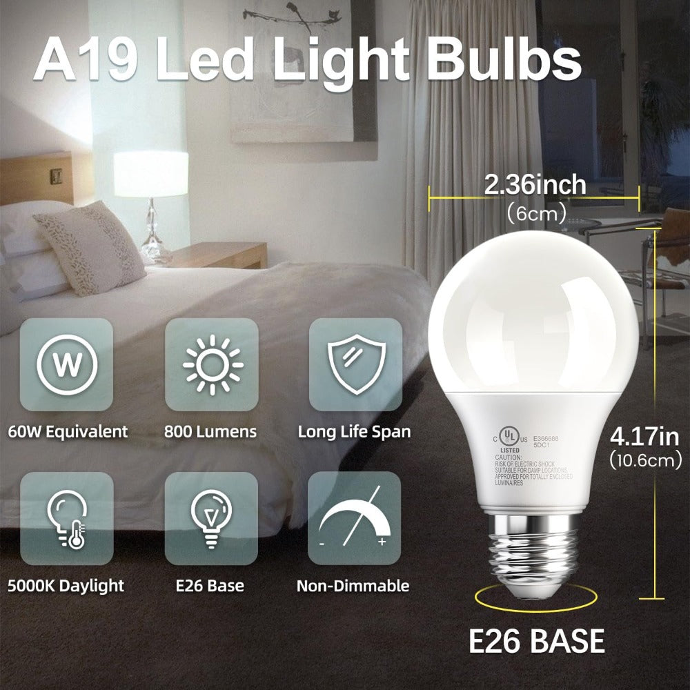 A19 LED Light Bulbs 60 Watt Equivalent, 5000K Daylight White E26 Base, 800 Lumens 9W Energy Efficient Bulb, 80+ CRI 15000 Hours Long Life, Standard LED Bulbs for Bedroom Living Room Office