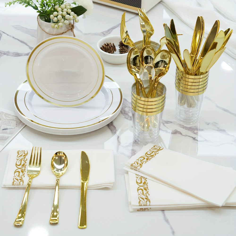 Disposable Dinnerware Set 350pcs for 100 Guests Party Plates Cups Silverware Napkins Wedding