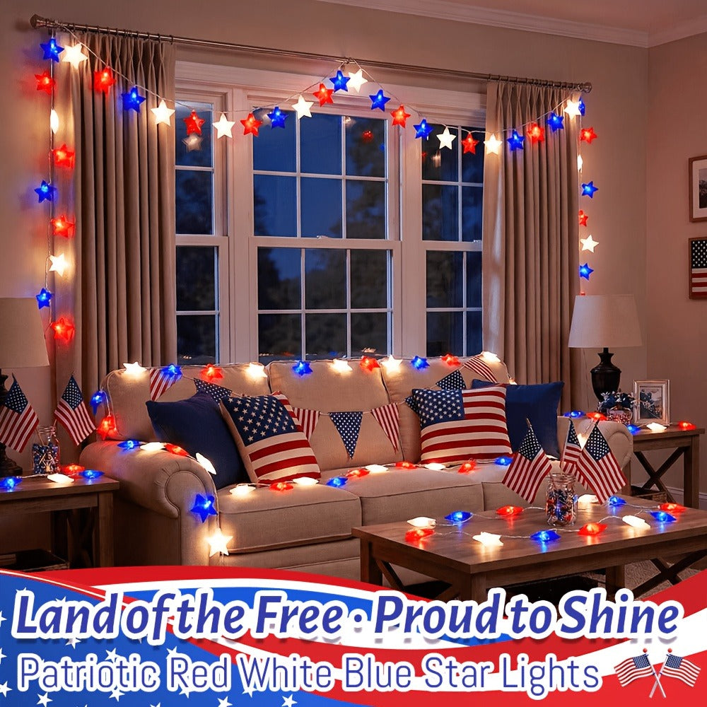 Patriotic Star String Lights July 4th Red White Blue LED Plug-In Indoor Outdoor Decor 8.5FT 12FT Memorial Day Independence Day Party Decoration