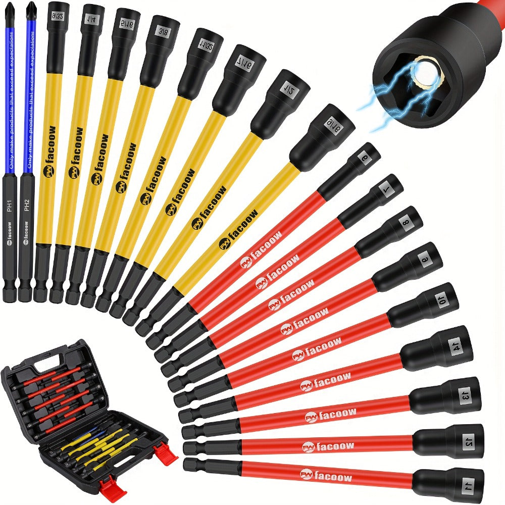 Magnetic Nut Driver Set 19PCS ¨C SAE & Metric | 1/4¡± Hex Shank 6¡± Long | PH1 & PH2 for Impact Drills | Magnetic Socket Set with Sturdy Tool Case | Professional & DIY Projects