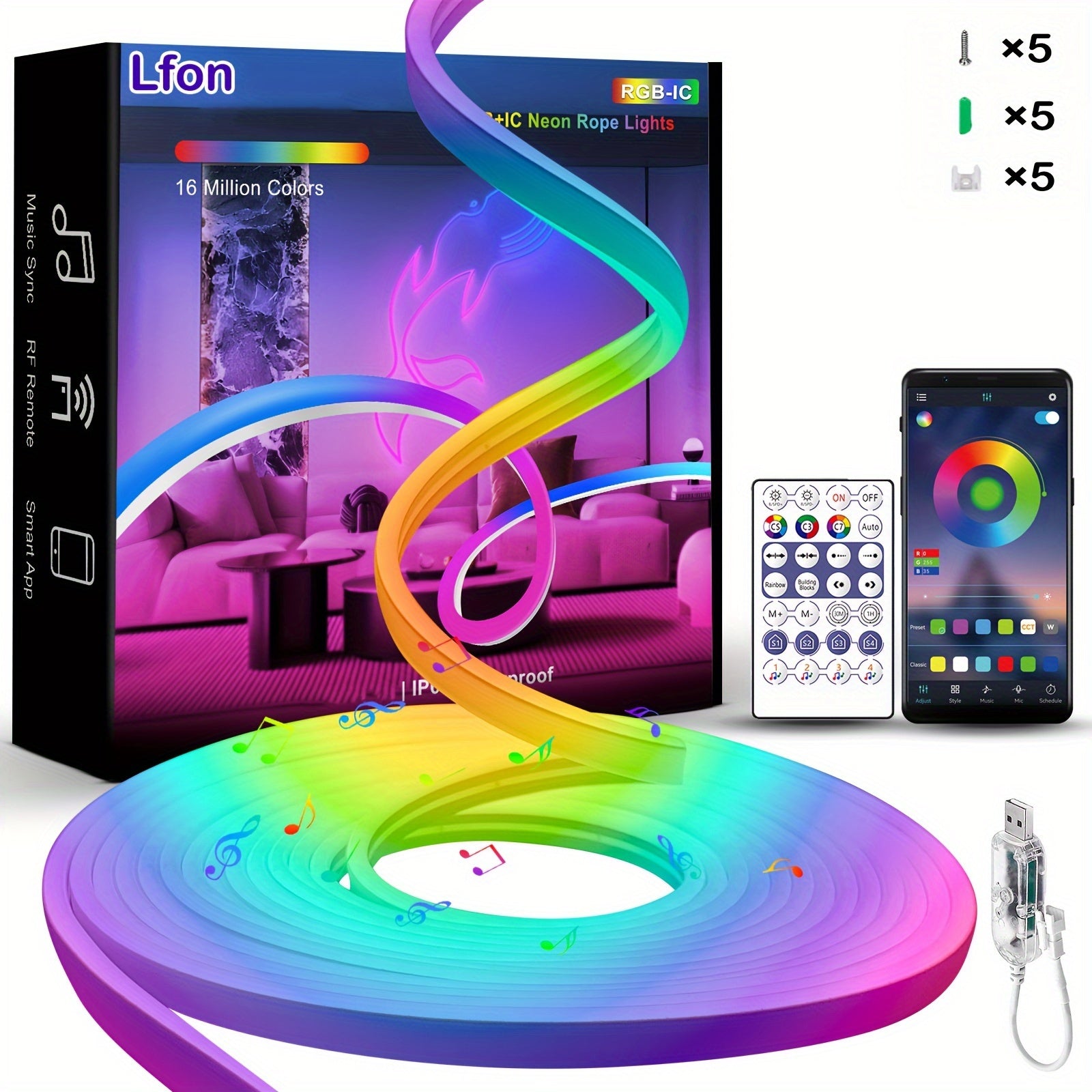 RGBIC Color Chasing LED Neon Rope Light with App & Remote Control, Music Sync, DIY Design, Multi-Color Including White, USB Powered, for Bedroom, Gaming Room, Christmas, Indoor & Outdoor Decoration