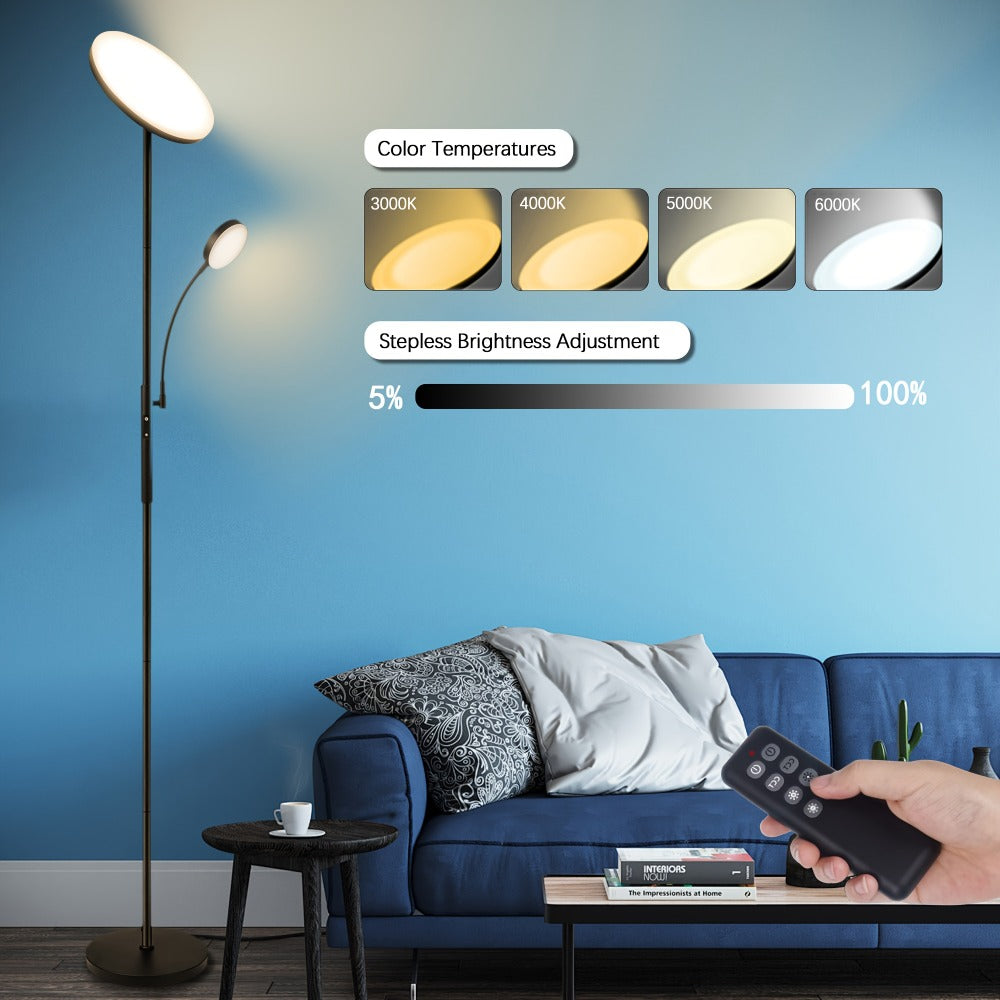 LED Floor Lamp with Reading Light ¨C 27W 2300LM Dimmable Torchiere Standing Lamp, 4 Color Temperatures, Remote & Touch Control, Metal Base for Living Room Bedroom Home Office (Black/White)