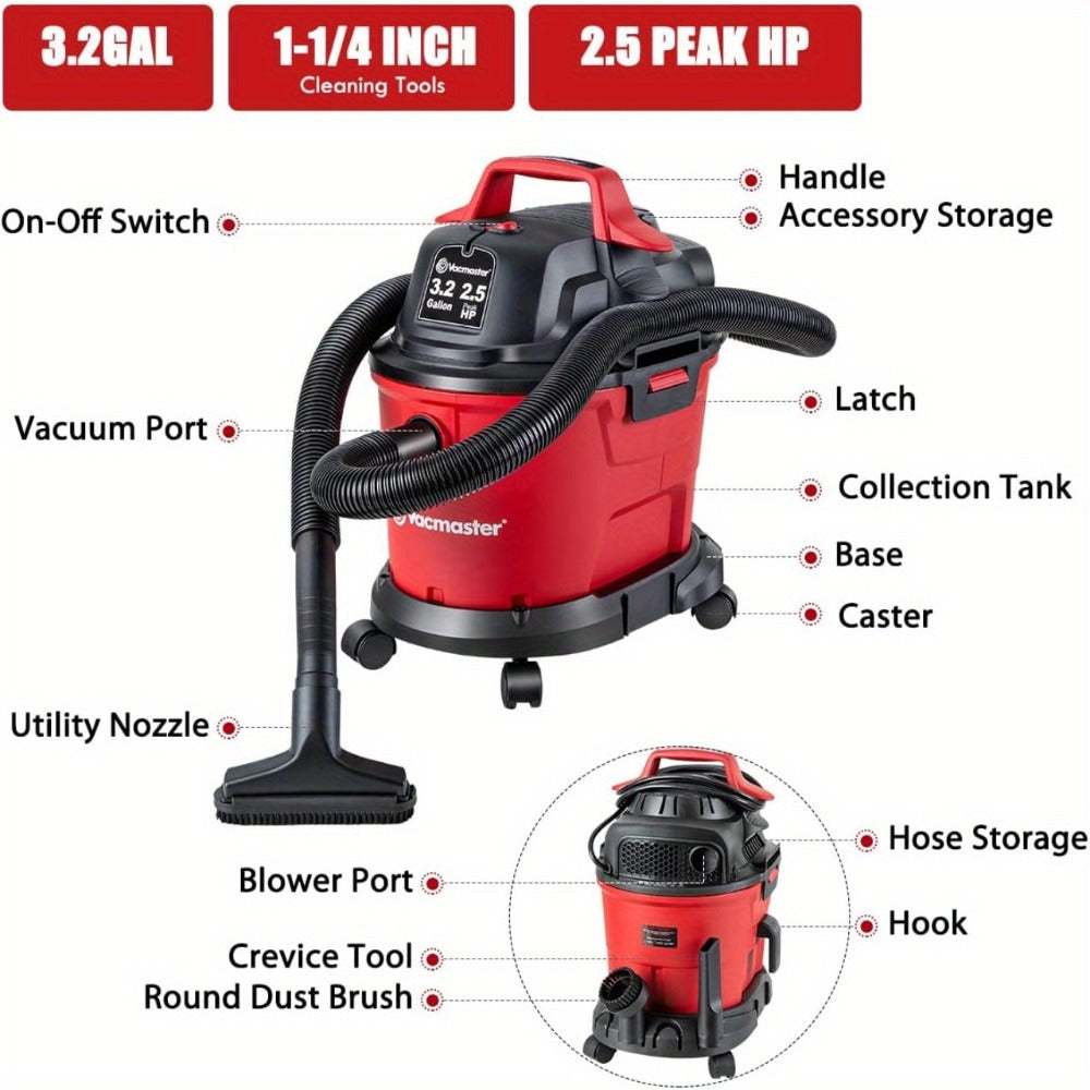 Wall Mount Wet Dry Vacuum 3.2 Gallon 2.5 Peak HP, Space-Saving Shop Vac with Cloth Filter for Wet Spills & Dry Debris, Garage Workshop & Home Cleaning Vacuum