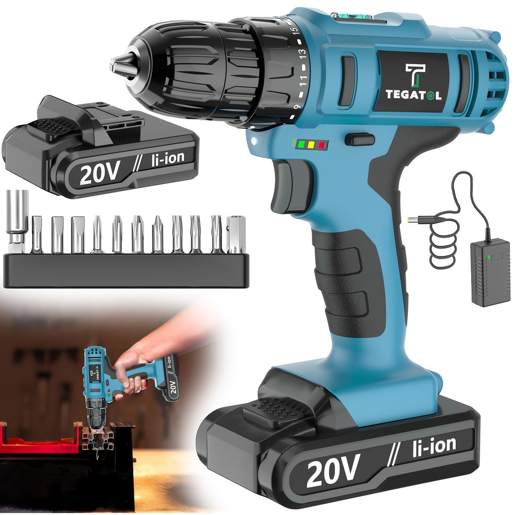 20V Cordless Drill Set Impact Power Drill 3/8 Inch Keyless Chuck 18+3 Clutch 45Nm Max Torque 2-Speed Work Light 2.0Ah Battery Fast Charger 136 148 PCS Kit