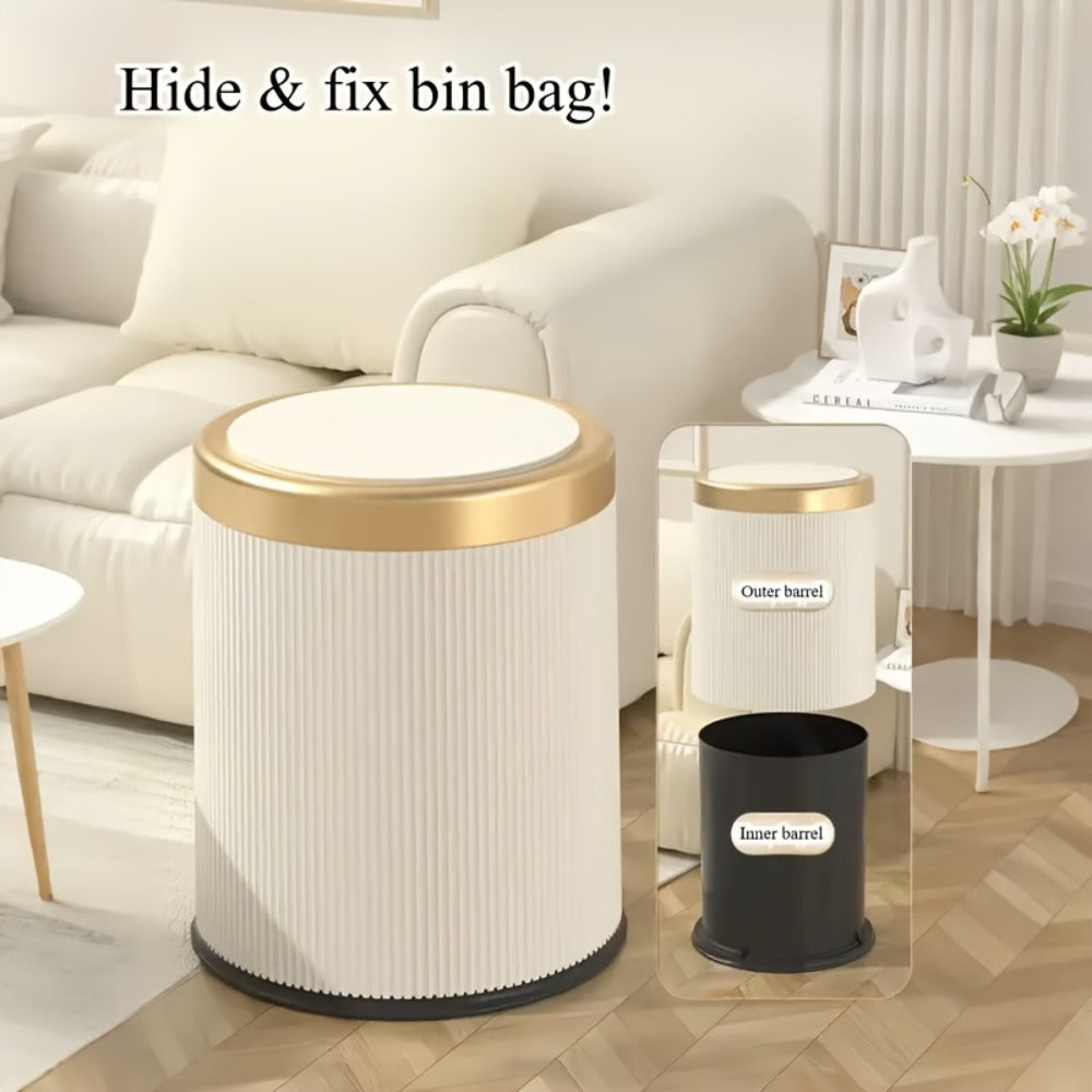 Dual Compartment Trash Can with Push-Top Lid, 3.17 Gal Odor-Resistant Oval Waste Bin for Kitchen Bathroom Bedroom Office