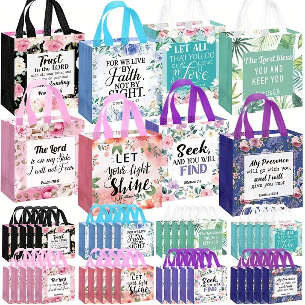 Bible Verse Tote Bags Bulk 32 Pcs Floral Religious Gift Bags with Handles Reusable Non-Woven Inspirational Bags for Christian Baptism Wedding Birthday Church Women Girls Party Favor Bags