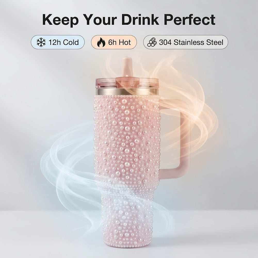 40oz Rhinestone Tumbler with Handle and Straw ¨C Stainless Steel Double Wall Insulated Cup | Pearl Glitter Travel Mug for Sublimation Outdoor Sports Camping Holiday Gift