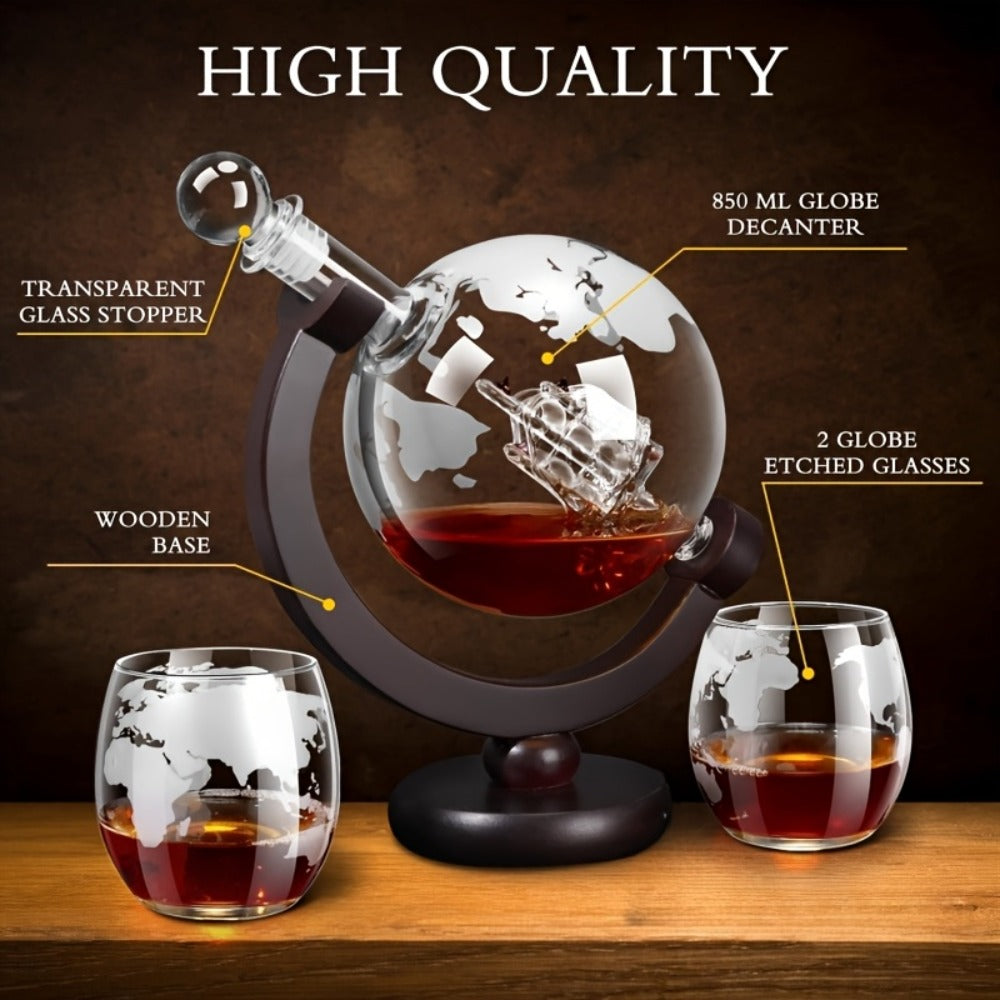 Whiskey Decanter Set with Glasses and Wooden Stand Ball Globe 28oz or Sailboat 44oz Etched Crystal Glass Cups for Whiskey Bourbon Scotch Birthday Wedding Anniversary Gift