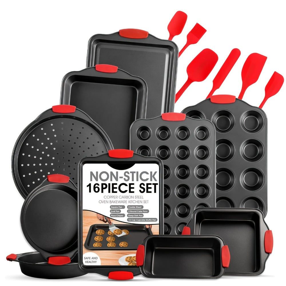 Nonstick Baking Pan Set 2 to 18pcs Carbon Steel Round Square Cake Pan Muffin Pan Bread Pan Cookie Sheet Pizza Pan Wire Rack Whisk Spatula Measuring Spoon Complete Bakeware Set