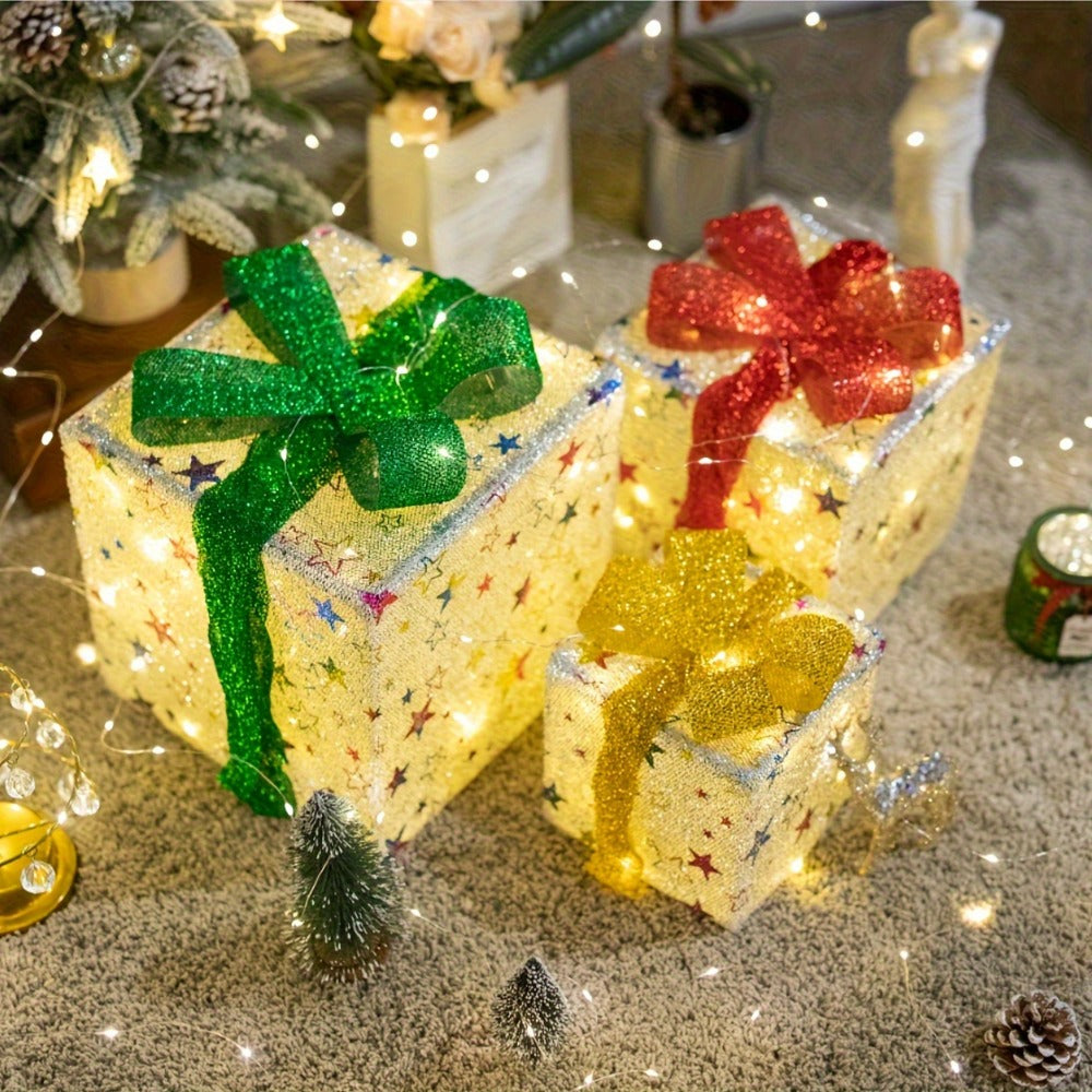 Christmas Gift Box Lamp 3pcs - Transparent Light Box with LED String Lights, Strap & Handle, Holiday Home Decoration, Birthday Party Decor, Manual Assembly