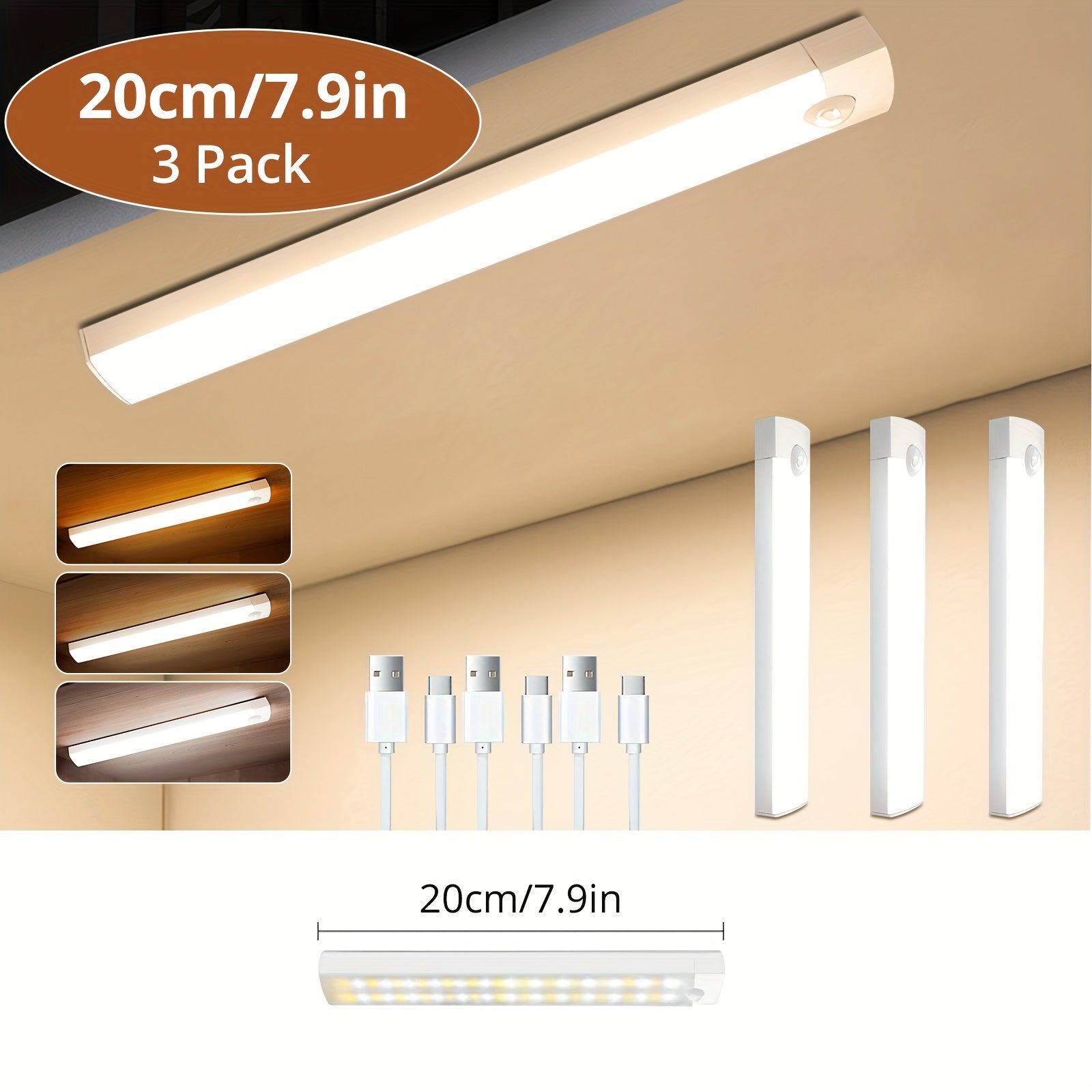 Motion Sensor Cabinet Light 3-Pack ¨C 3-Color Temperature Dimmable Under Counter Closet Light, Wireless Magnetic USB Rechargeable for Kitchen, Wardrobe, Stairs, Hallway & Vanity (11cm / 20cm / 40cm)