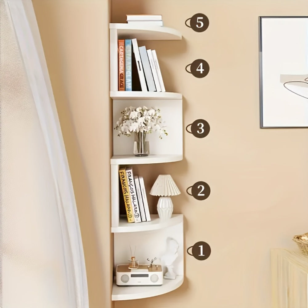 5-Tier Wall-Mounted Corner Shelf ¨C Space-Saving Floating Storage Organizer in White Acrylic for Bathroom, Living Room, Bedroom, Kitchen & Office, Decorative Corner Rack & Versatile Room Organizer