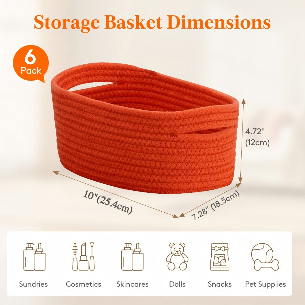 Woven Storage Baskets 6-Pack Cotton Rope Cube Bins 11x7x5¡± | Handmade Small Shelf Baskets for Organizing Closet Bedroom Living Room Playroom | Round Decorative Storage Caddy Multiple Colors