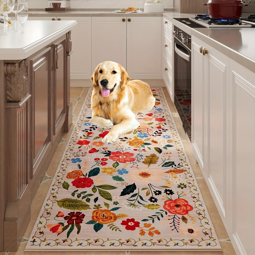 Bohemian Floral Plush Rug Non-Slip Machine Washable ¨C Soft Floral Runner Mat for Bedroom, Kitchen, Bathroom, Entryway & Living Room ¨C Easy Clean Indoor Home Decor Mat, 4 Sizes
