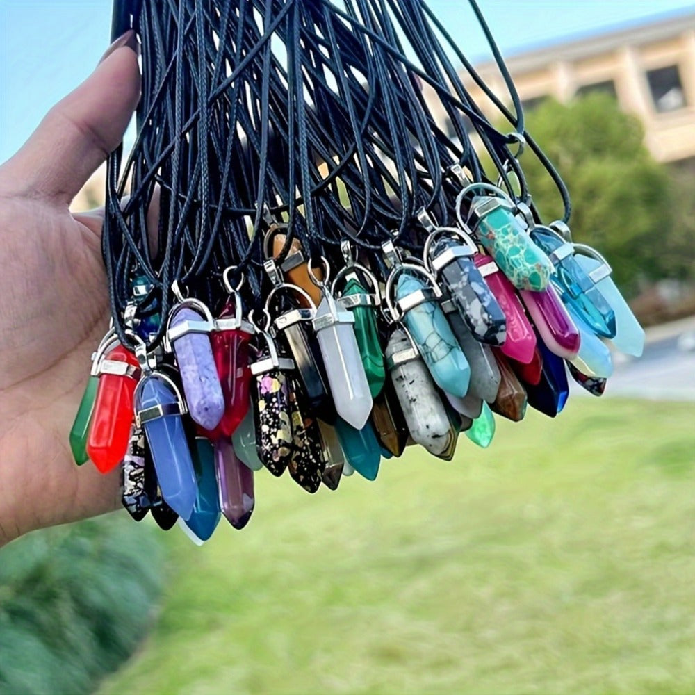 Crystal Natural Stone Pendant Necklace Set Bulk 60Pcs 30Sets Hexagonal Shaped Assorted Color for Jewelry Making Craft DIY Daily Wear Gift