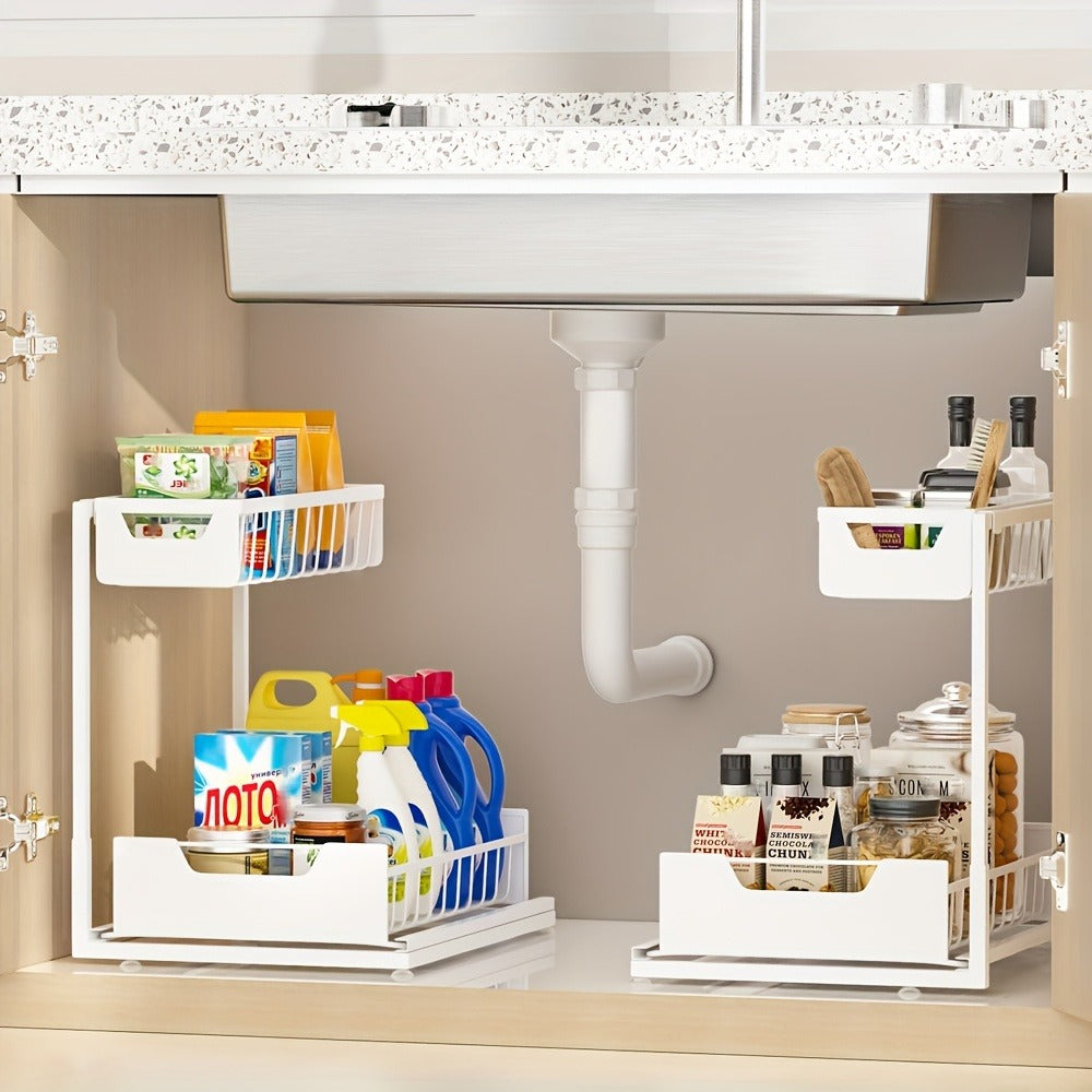 Under Sink Organizer 2-Tier Sliding Pull-Out Metal Rack Cabinet Storage for Kitchen Bathroom Refrigerator Adjustable Shelf Organizer in Black White Gray
