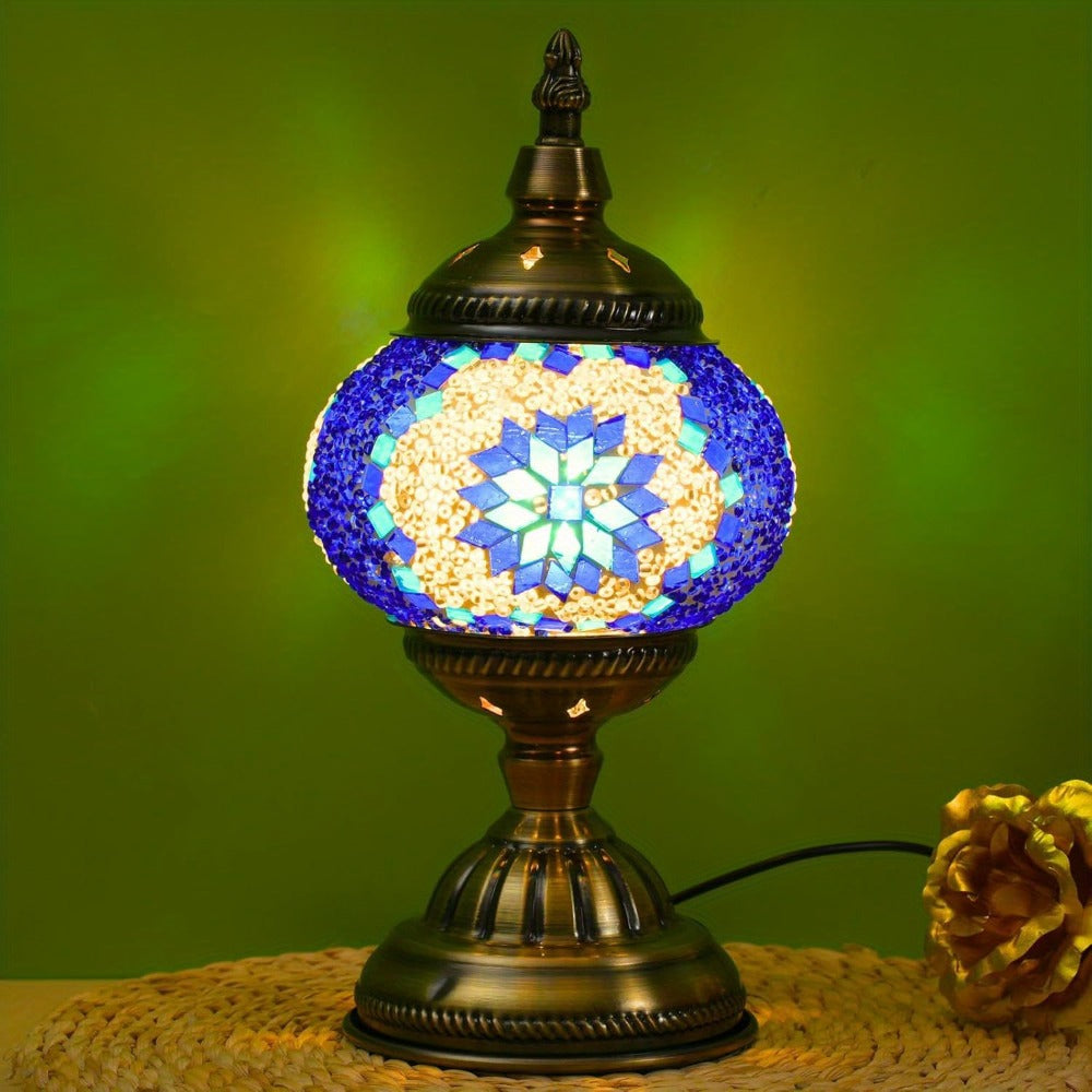 Turkish Moroccan Mosaic Table Lamp Handmade Crystal Glass Spherical Shade 3-Color Adjustable Bedside Night Light Metal Base Bulb Included for Bedroom Living Room Boho Home Decor Gift