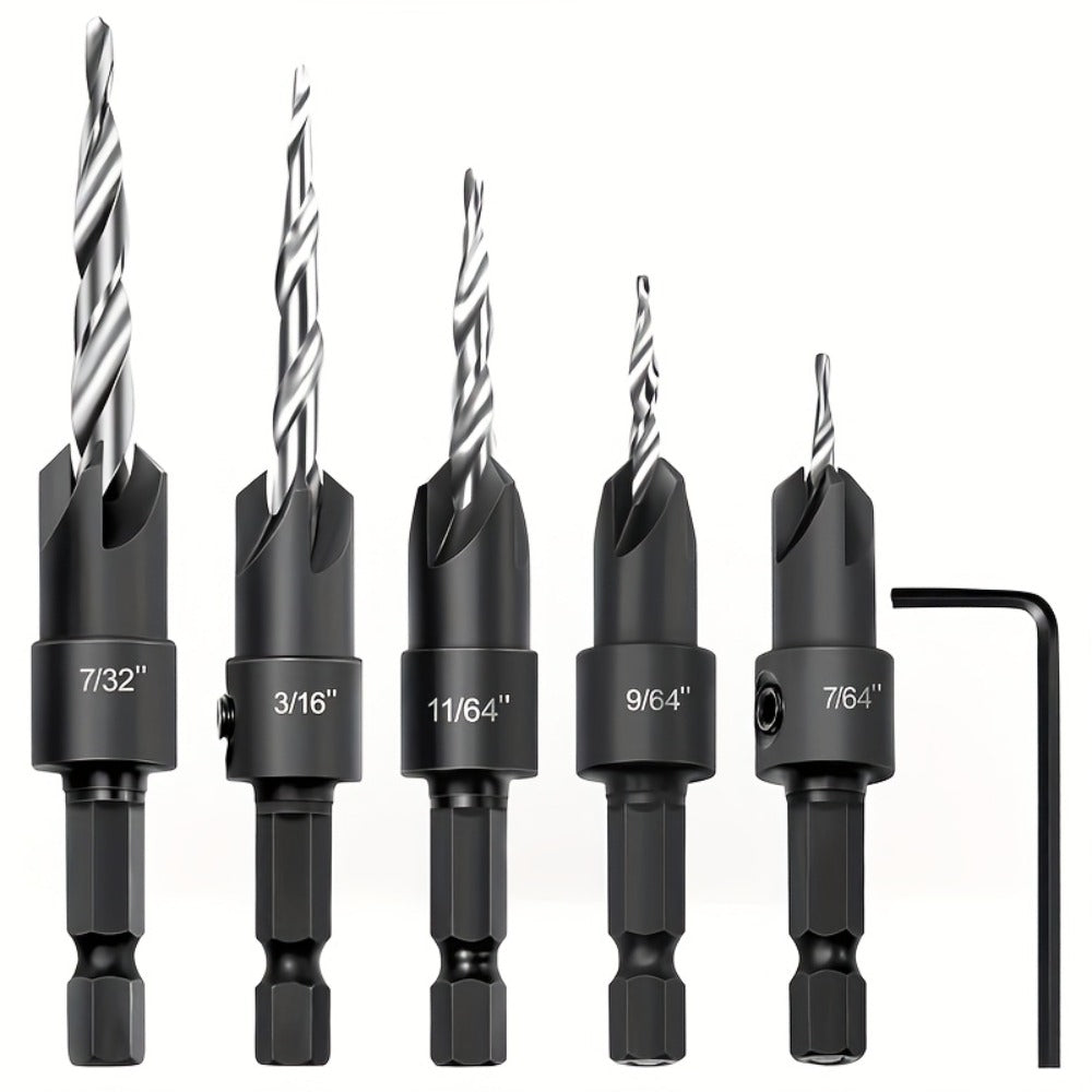 5pcs Countersink Drill Bit Set #4 #6 #8 #10 #12 Tapered with 1/4¡± Hex Shank Quick-Change ¨C Adjustable Wood Counter Sinker Bits with Allen Wrench for Woodworking