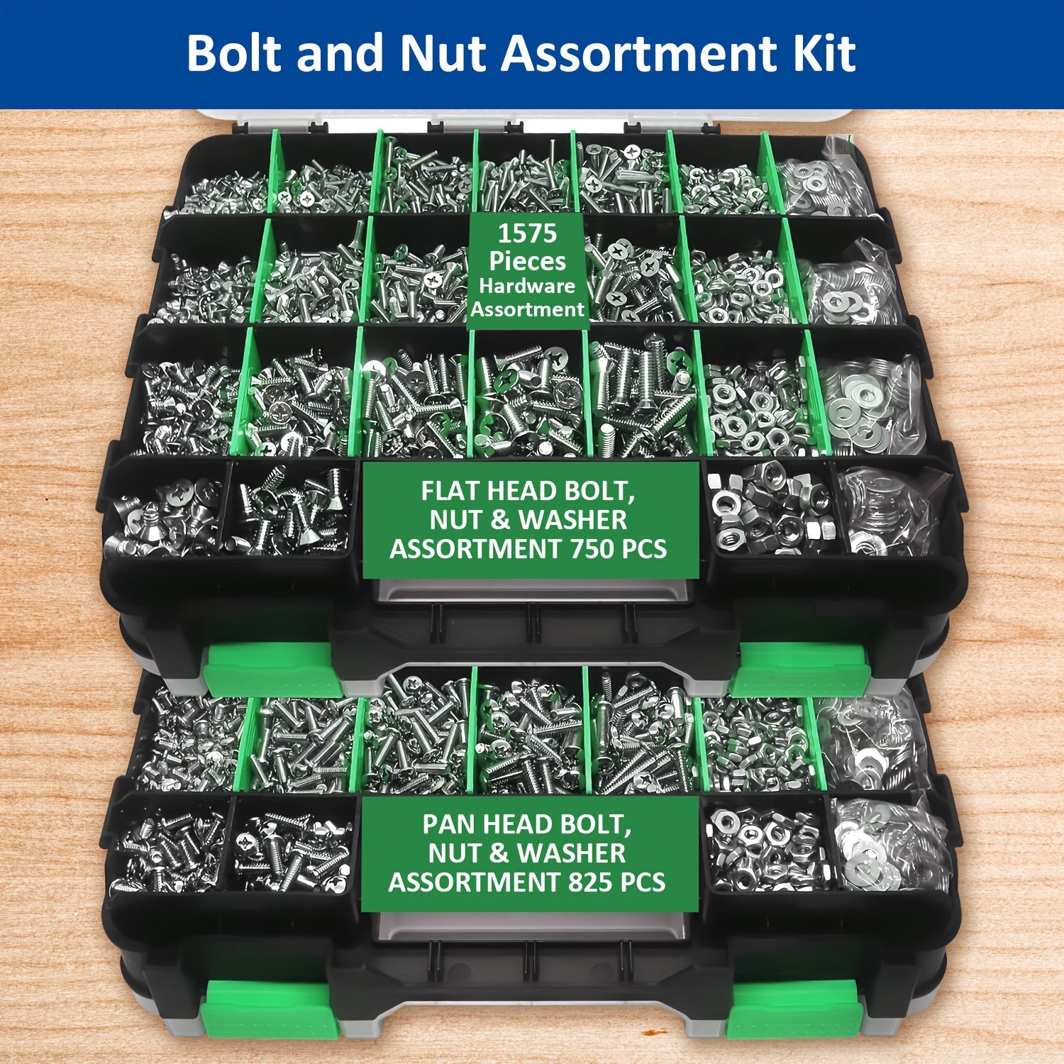 1575pcs 304 Stainless Steel Nuts and Bolts Assortment Kit ¨C Pan Head Flat Head Screws Nuts Washers with Double-Sided Storage Box for Home & Mechanical Repairs