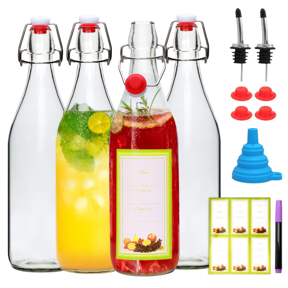 Flip Top Glass Bottles with Stopper 16oz | Airtight Swing Top Bottle for Kombucha, Juice, Vinegar, Honey, Vanilla Extract ¨C Kitchen Storage Set