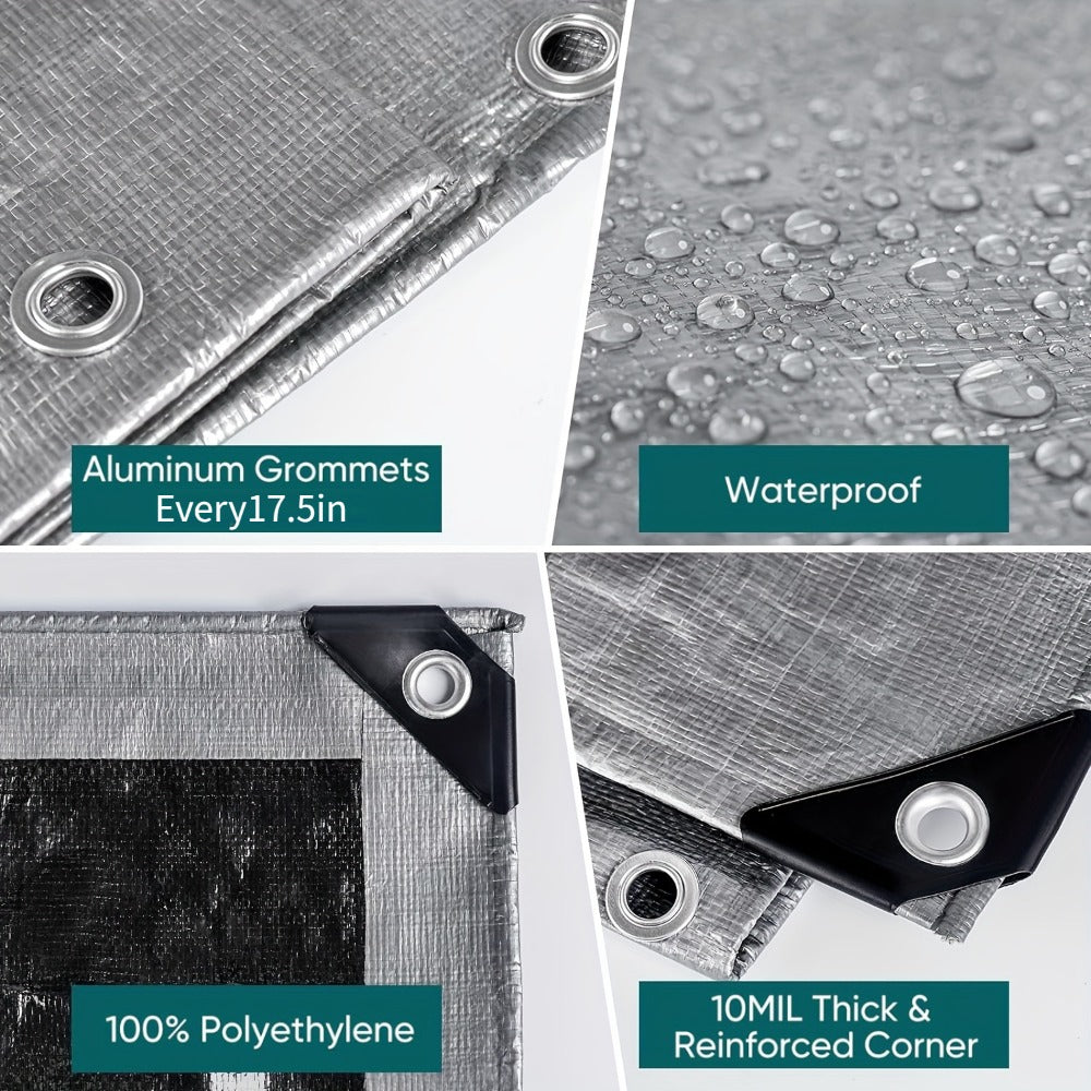 Heavy Duty Waterproof Tarp 2-Pack 10Mil 150GSM Black Silver ¨C Tear-Proof Polyethylene Cover with Reinforced Grommets for Roof Pool Boat Car Camping & Outdoor