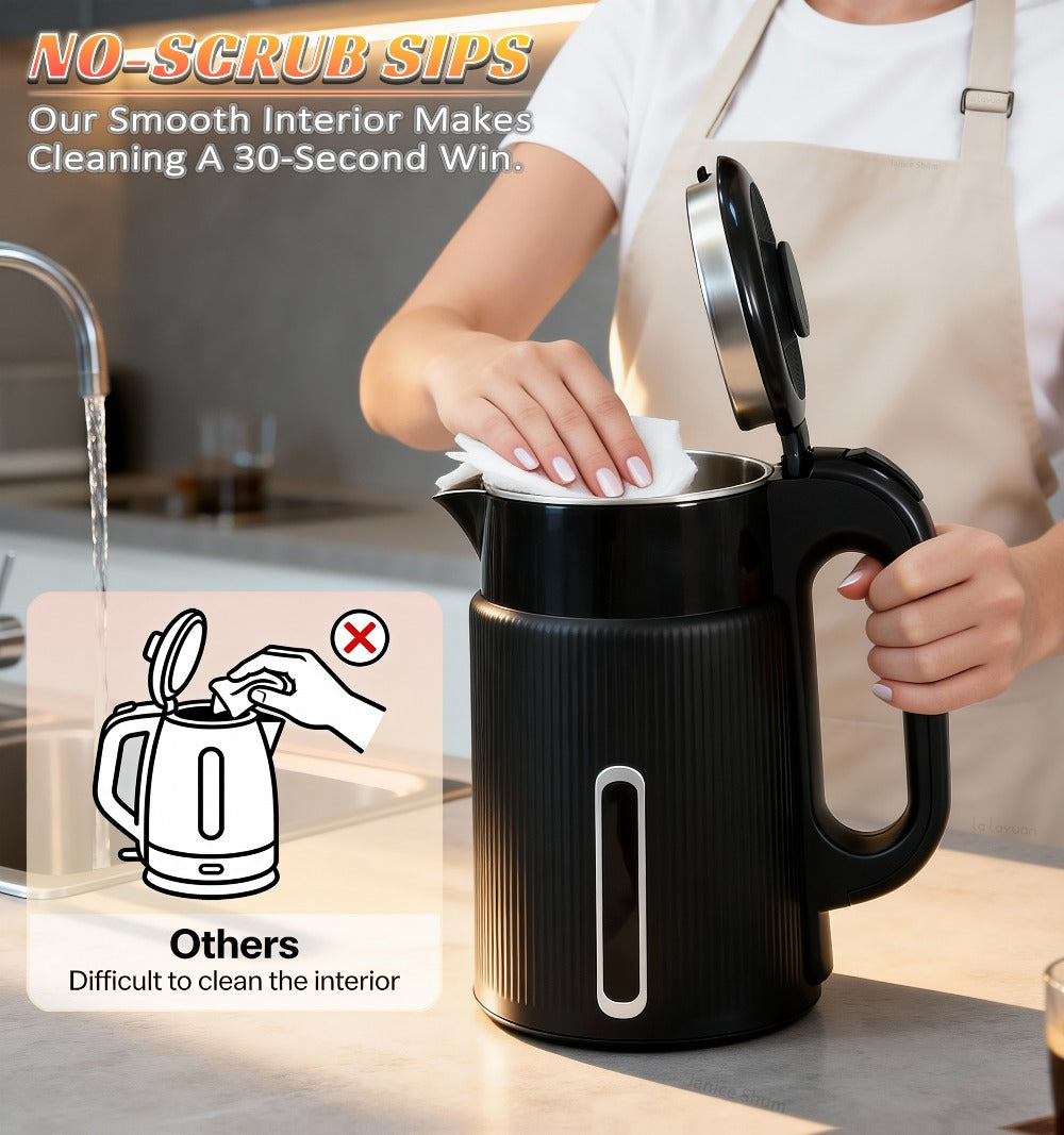 Electric Kettle 1000W Double Wall Stainless Steel ¨C 57.48oz 304 SS Hot Water Kettle with 360¡ã Rotary Base, LED Light, Auto Shut-Off & Boil-Dry Protection, Instant Water Warmer for Coffee & Tea ¨C Black