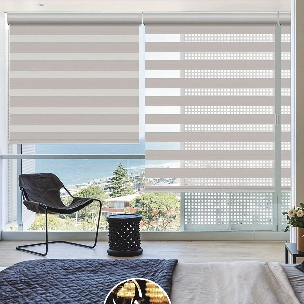 Cordless Zebra Roller Shade with Valance ¨C Day Night Window Blind, Light Filtering Dual Layer Window Treatment Mesh Opaque Fabric