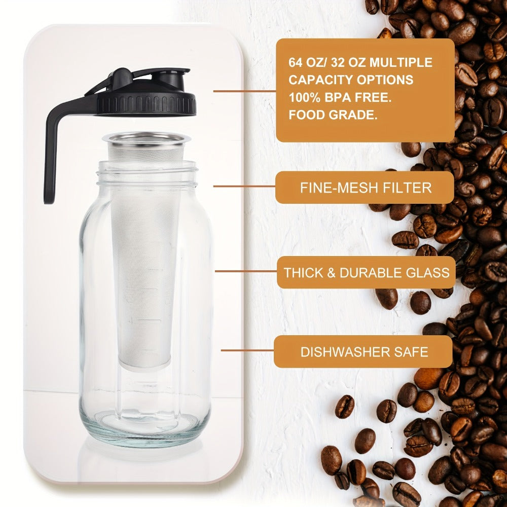 Cold Brew Coffee Maker with Stainless Steel Filter & Cleaning Brush - Large Capacity Glass Mason Jar Pitcher for Home, Kitchen, Bar & Restaurant, Professional Cold Brew Pot for Smooth Concentrate