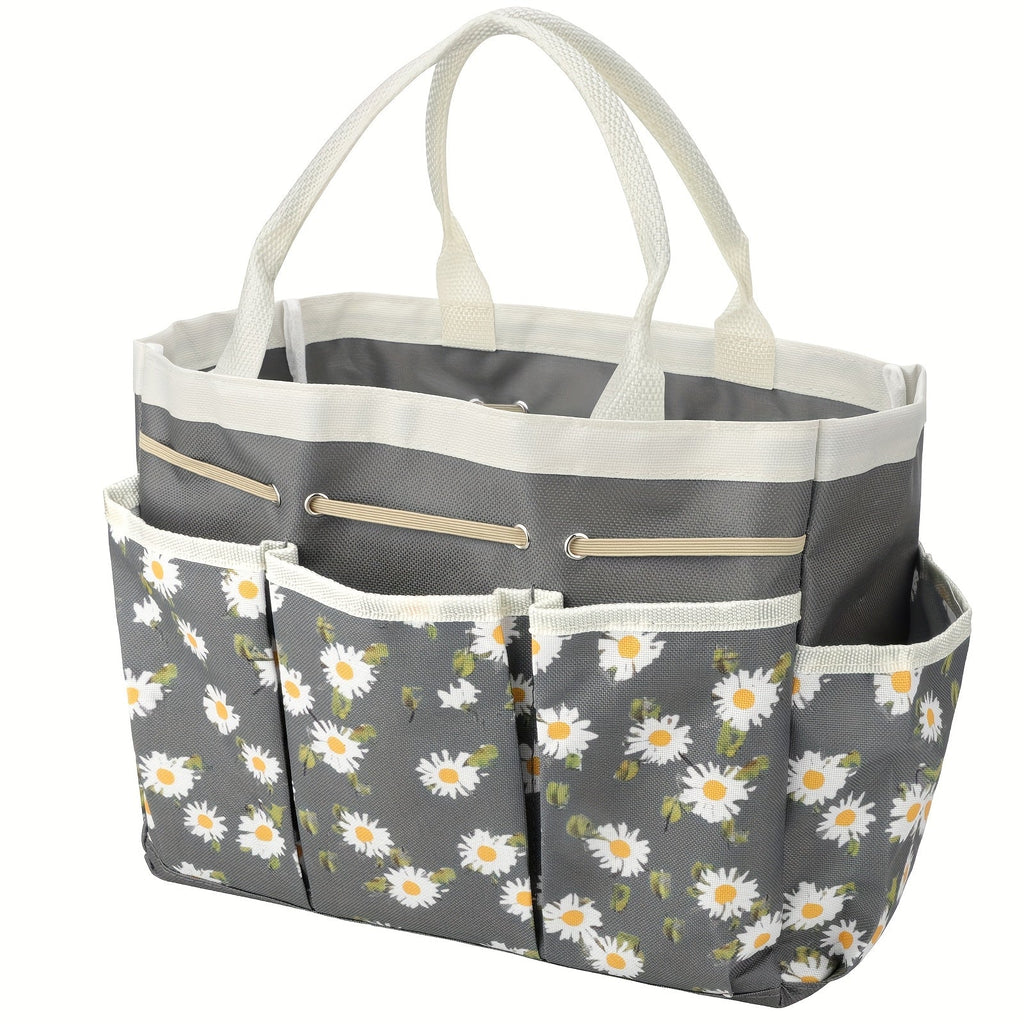 Garden Tool Bag Heavy Duty Multi-Pocket Organizer ¨C Large Capacity Tool Storage Carrier Tote for Gardening, Lawn Care, Camping & Outdoor Work, Portable Daisy Pattern, Black & Gray (No Tools Included)